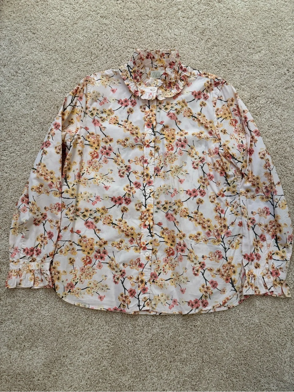J. CrewFloral Ruffle Collar Button Down Blouse - with Pink & Yellow Floral